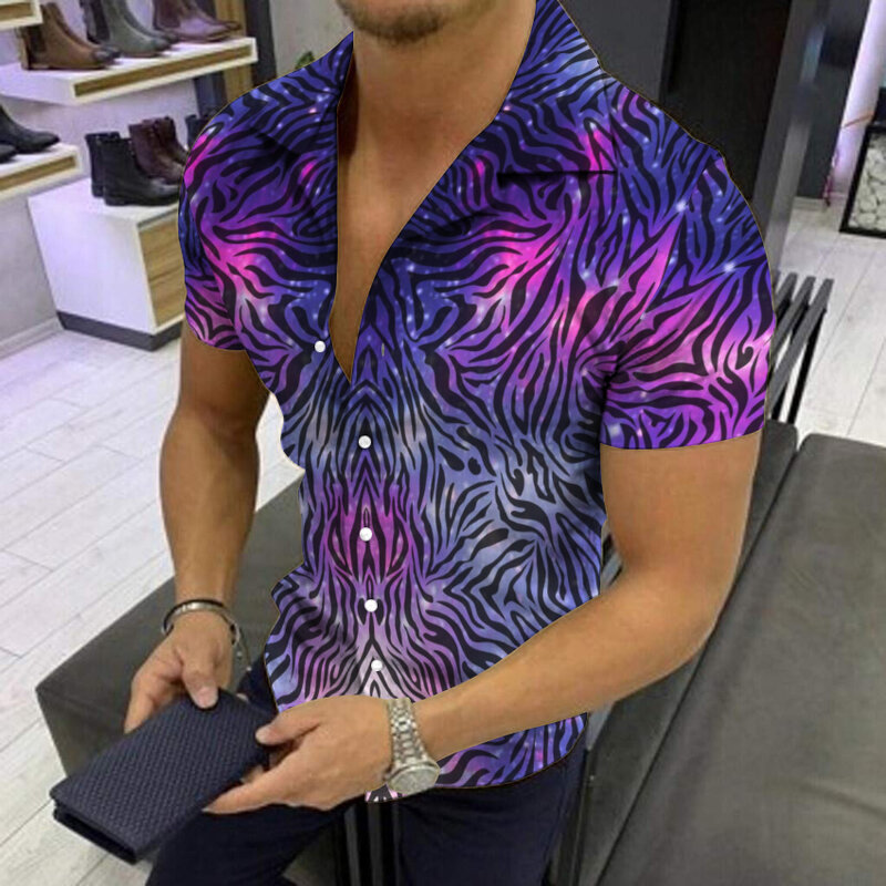 Camisas de talla grande para hombre, camisa con cuello vuelto y botones, estampado Digital, informal, Tops de manga corta, ropa de calle