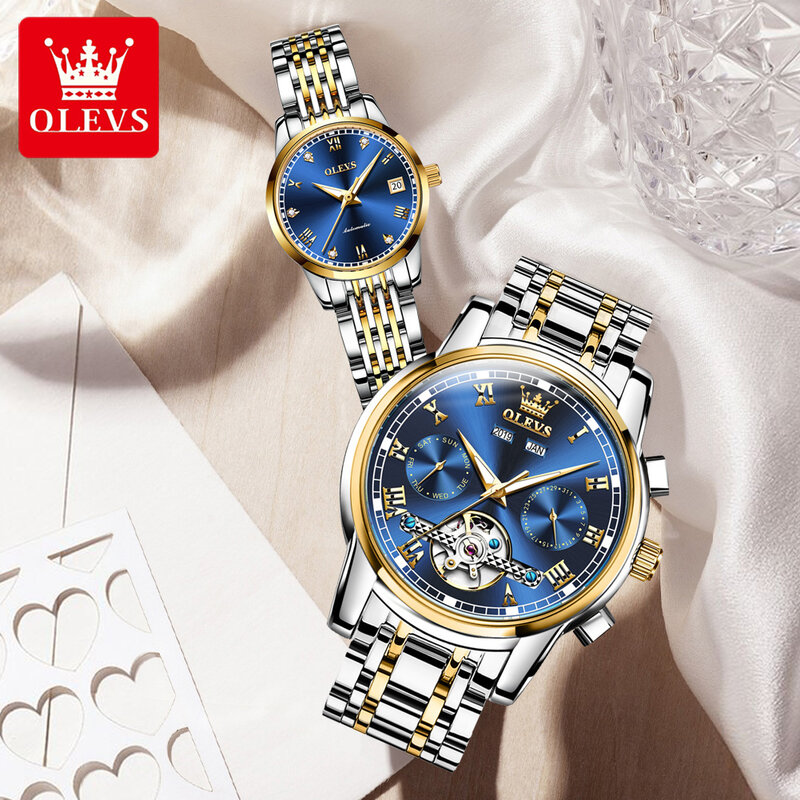 OLEVS w pełni automatyczny automatyczny zegarek mechaniczny para wodoodporny moda stalowy pasek zegarki dla pary
