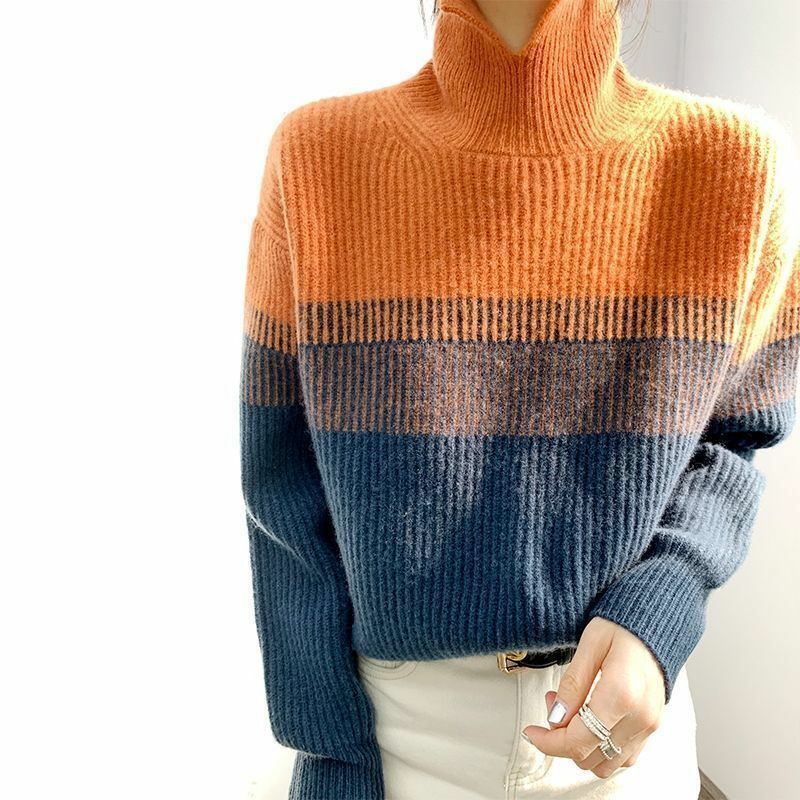 High neck contrast sweater women's 2022 autumn winter new gradient sweater bottomed shirt loose knit sweater Pullover