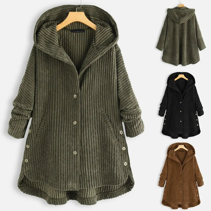 Chaqueta con capucha para mujer, abrigo de pana de punto con botonadura única, de gran tamaño, 2022