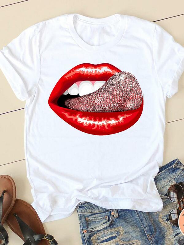 Ropa de moda con letras de labios de acuarela para mujer, Camiseta estampada de manga corta informal, ropa para mujer