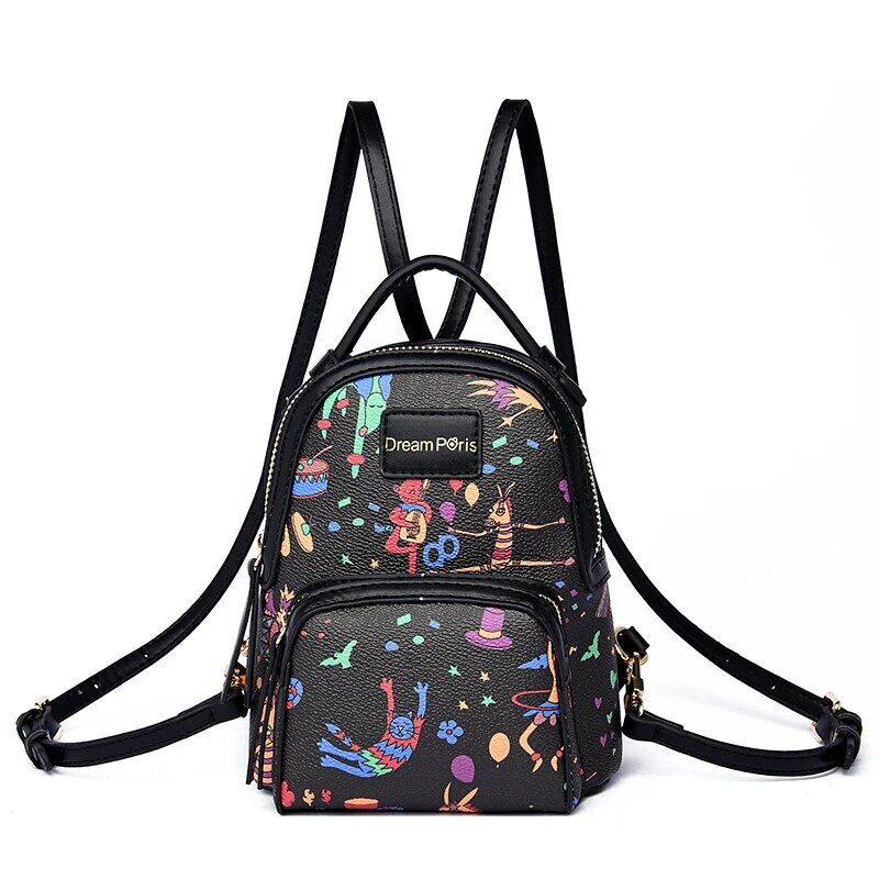 Women Fashion School Small Backpack High Quality PU Leather Cute Printing Ladies Girls Double Shoulder Bag for Travel Shopping