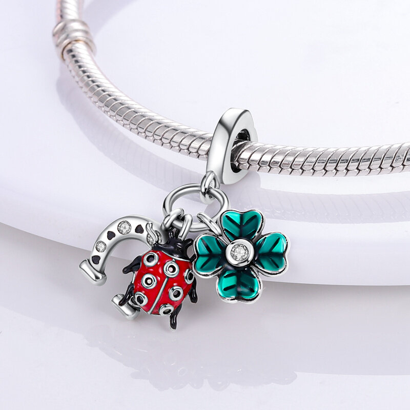 925 Sterling Silver Ladybug Charms Fit Original 3mm Bracele Four-Leaf Clover Beads Making Fashion DIY Jewelry Gift For Women