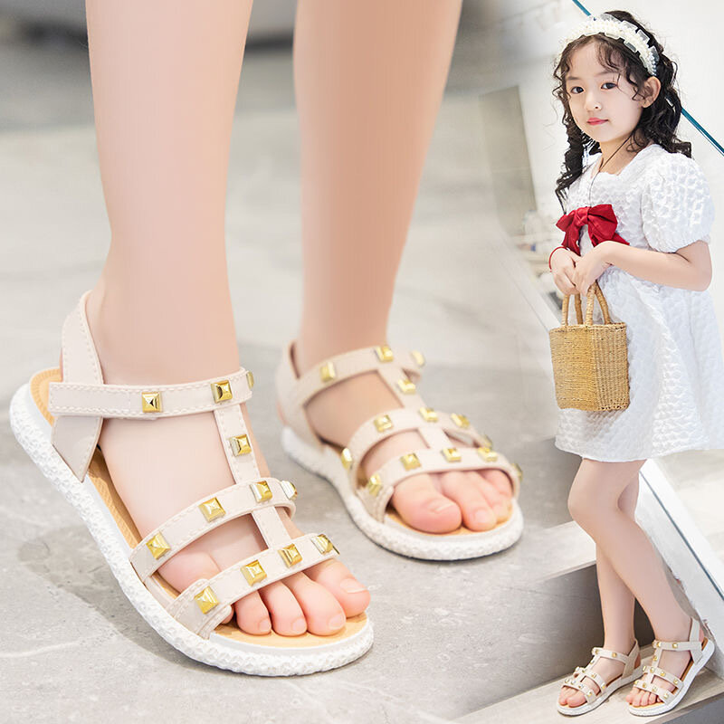 Dziewczęce sandały letnie nowe miękkie antypoślizgowe dziewczęce nity dziecięce moda księżniczka Open-toe buty na plażę Hook & Loop dziecięce czarne buty