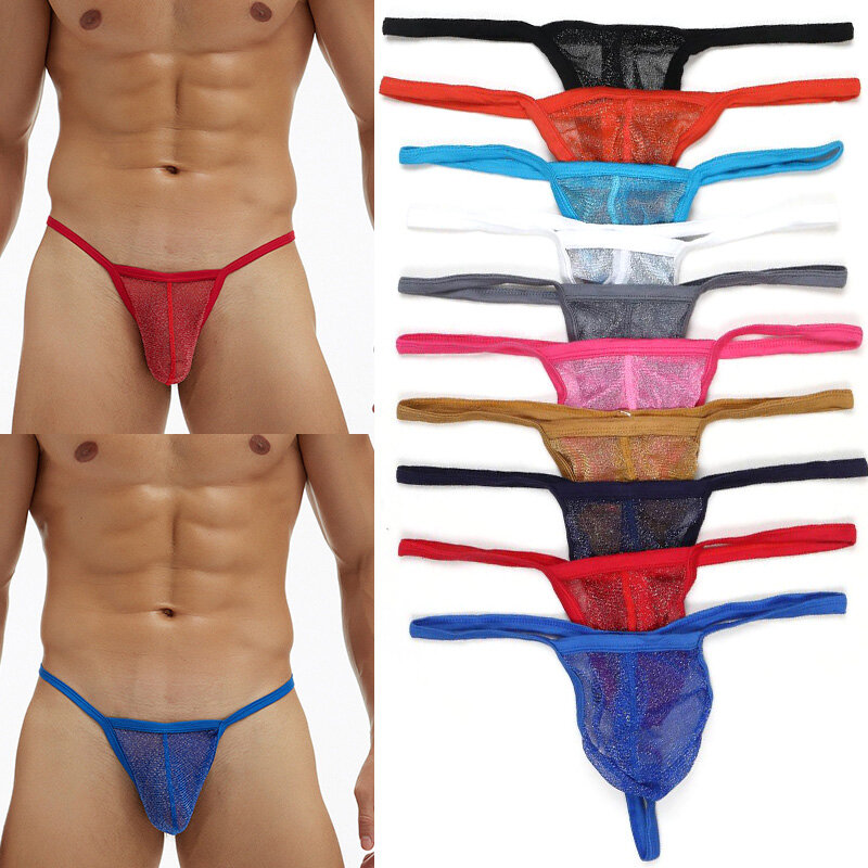 V-string Underwear Thong Briefs G-string Pouch See-through Low Waist Mesh Solid Men's Underwear Perspective Fine Mesh Bag Single