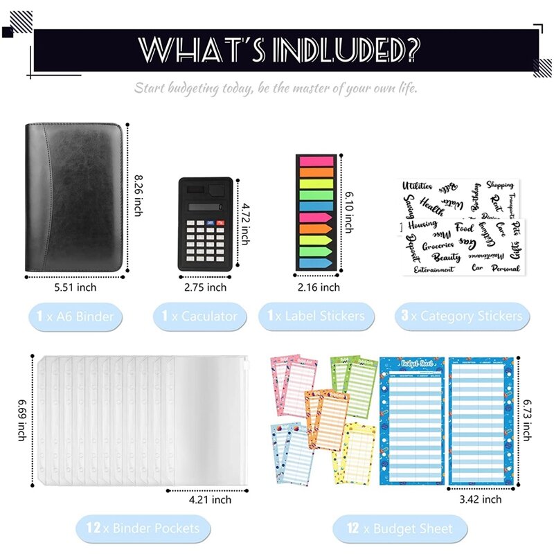 Budget Binder With Zipper Envelopes, Cash Envelopes For Budgeting, A6 PU Leather Budget Planner With Calculator