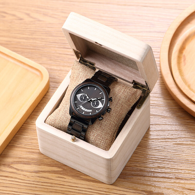 Uhr herren-Reloj de pulsera de madera para hombre, cronógrafo multifuncional de acero, cuarzo, Smiley, ébano, moda