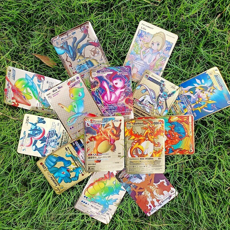 Pokemon metalowe żelazne karty Eevee Charizard Pikachu Mewtwo Arceus złoty błyszczący litery Pokémon kolekcja gier zabawki dla dzieci prezent