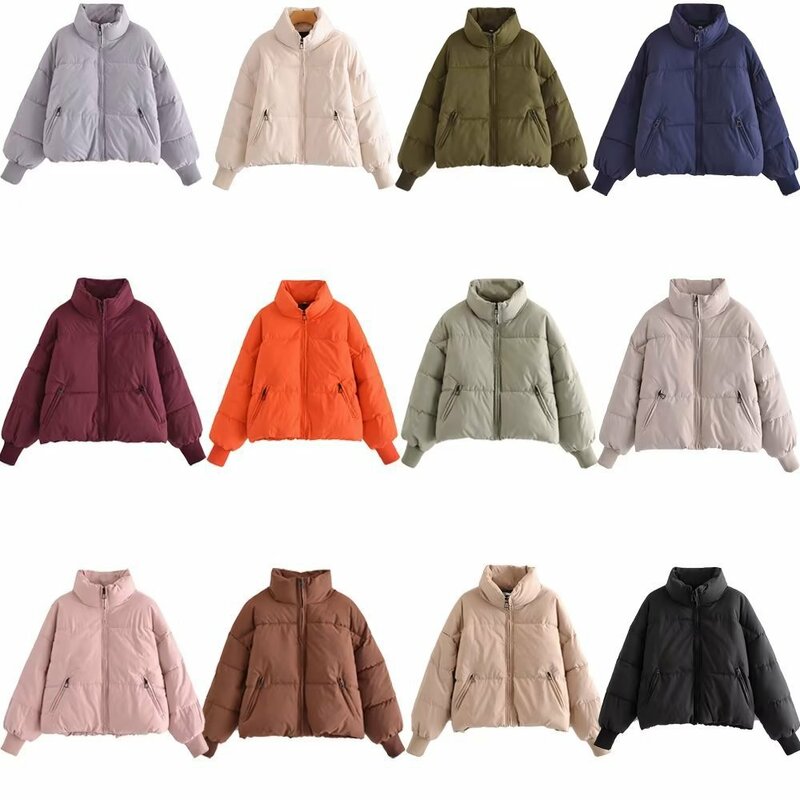 Autumn and Winter New Women's Urban Casual Solid Color Long Sleeve Standing Neck Loose Parkas Cotton Coat