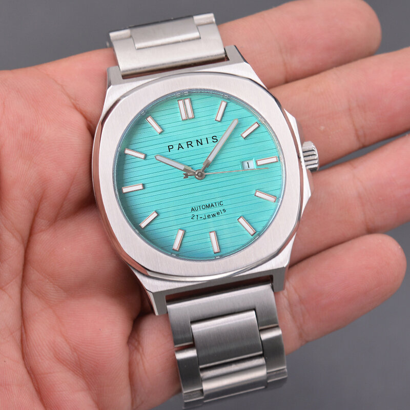 Moda parnis 42mm mostrador azul mecânico automático masculino relógios pulseira de aço inoxidável safira cristal relógio masculino com caixa presente