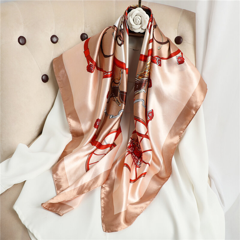 Foulard carré en Satin de soie pour femmes, marque de luxe, Hijab, bandeau, châles, sac, Foulard pour cheveux, 90x90cm