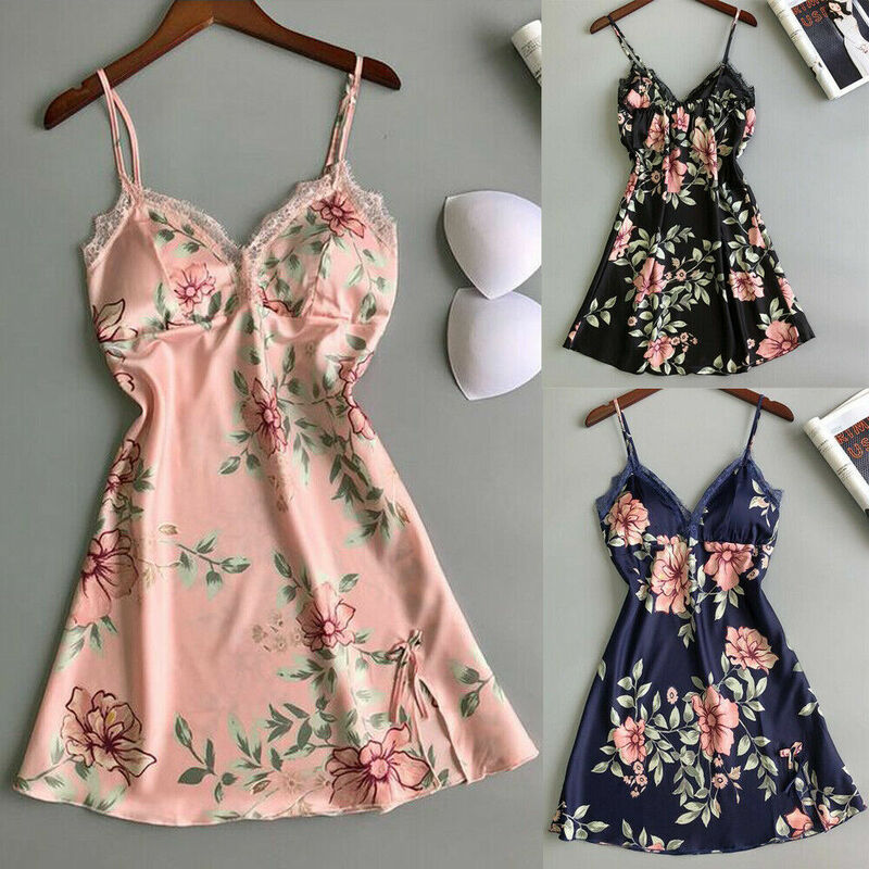 Women\u2019s Summer Pajama Dress Floral Sling Padded Lace Sleepwear Sexy Chemise Nightgown Backless Loose Smooth Lingerie