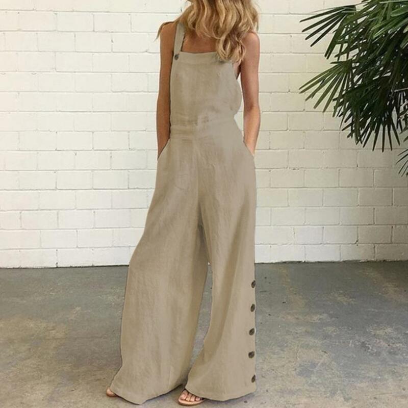 Overall Unfading Playsuit Streetwear Loose  Stylish Sleeveless Wide Leg Buttons Jumpsuit Romper