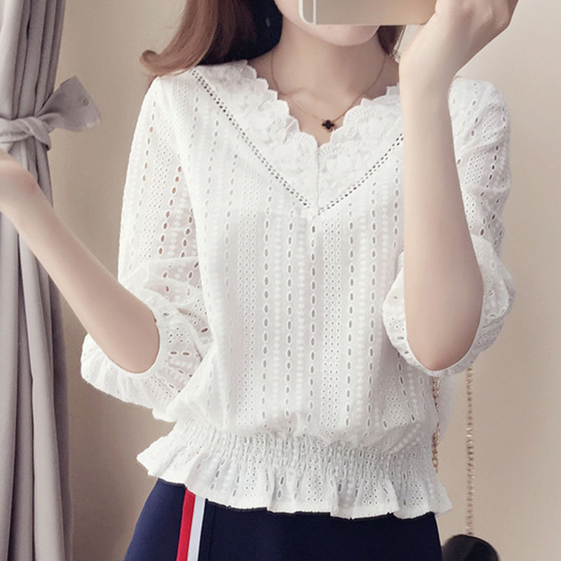 Verão nova moda elegante cor sólida com decote em v blusa bordado pullovers coreano casual oco para fora camisa curta roupas femininas