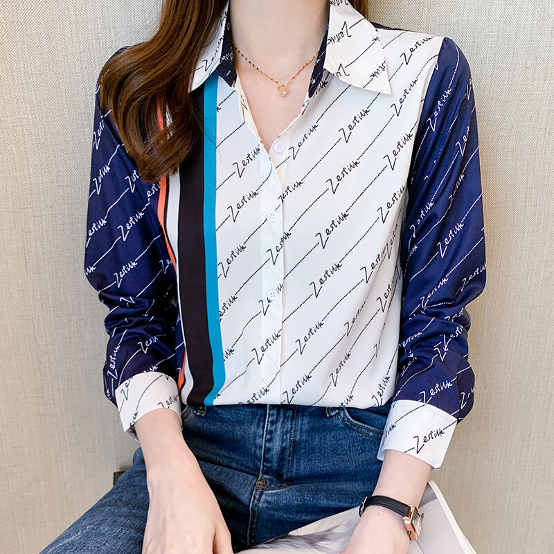 Camisa de lapela elegante feminina carta impressão a cores combinando manga comprida topos 2022 primavera novo botão up camisas de mujer
