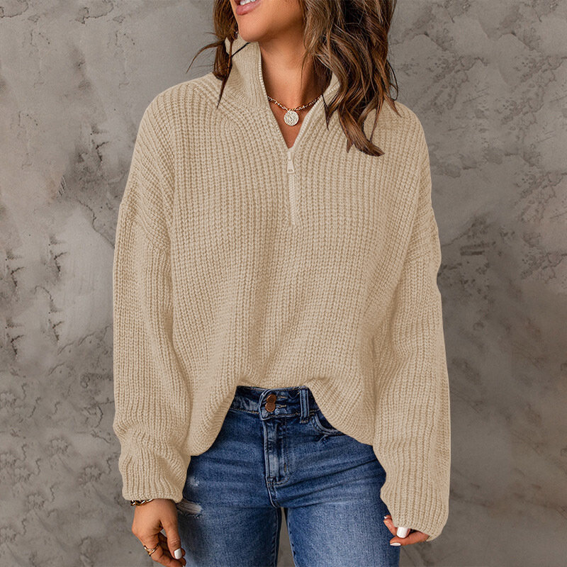 Женский вязаный свитер на молнии, повседневный однотонный пуловер с длинным рукавом, теплый свободный джемпер в уличном стиле на осень и зиму