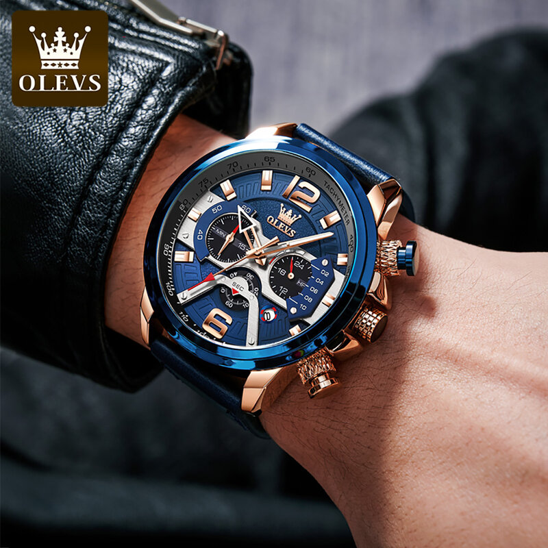 OLEVS Genuine Leather Strap Waterproof Watches for Men Multifunctional Large Dial Hot Style Fashion Quartz Men Wristwatches