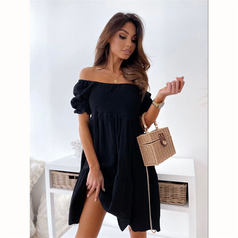 2022 Summer Popular Polyester High Waist Solid Color Stitching Open Back Wrap Chest Large Swing Type One-shoulder Short Dress