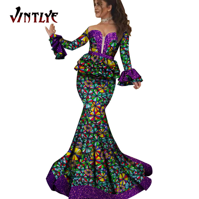 African Clothes for Women 2 Pcs Set Elegant Ankara Print Long Robe Skirt and Top Shirt African Party Evening Dresses WY5844