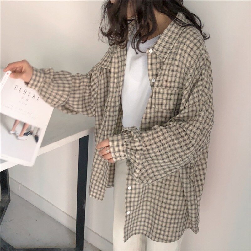여성용 레트로 포트 풍미 체크 셔츠, 한국 버전, 루즈한 학생 착용, 자외선 차단 셔츠 재킷, 봄 및 가을 2021 신상