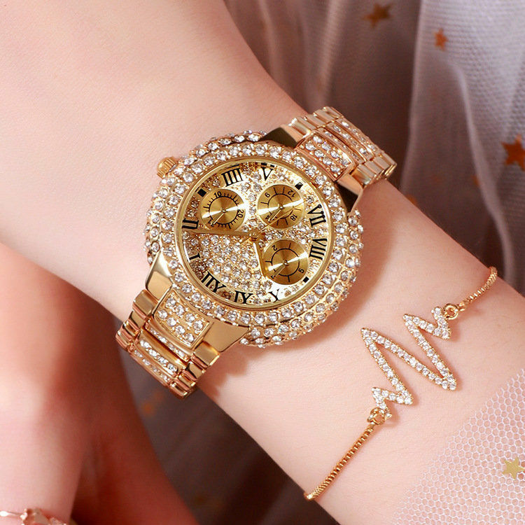 Três olhos de luxo cheio diamante ouro relógio feminino presentes moda senhoras à prova dwaterproof água relógios para relógio de pulso feminino festa de casamento novo