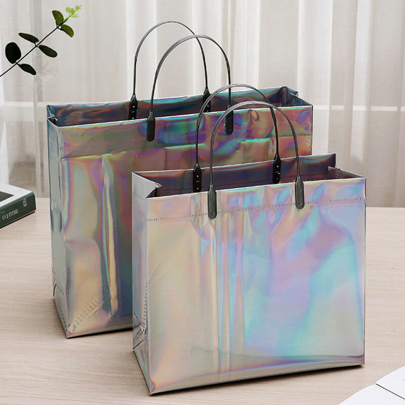 Casual PVC Laser Tote Bag Thick Handbag Waterproof Storage Bag Portable Clothing MakeUp Shopping Bag Gift Reusable Eco Handbag