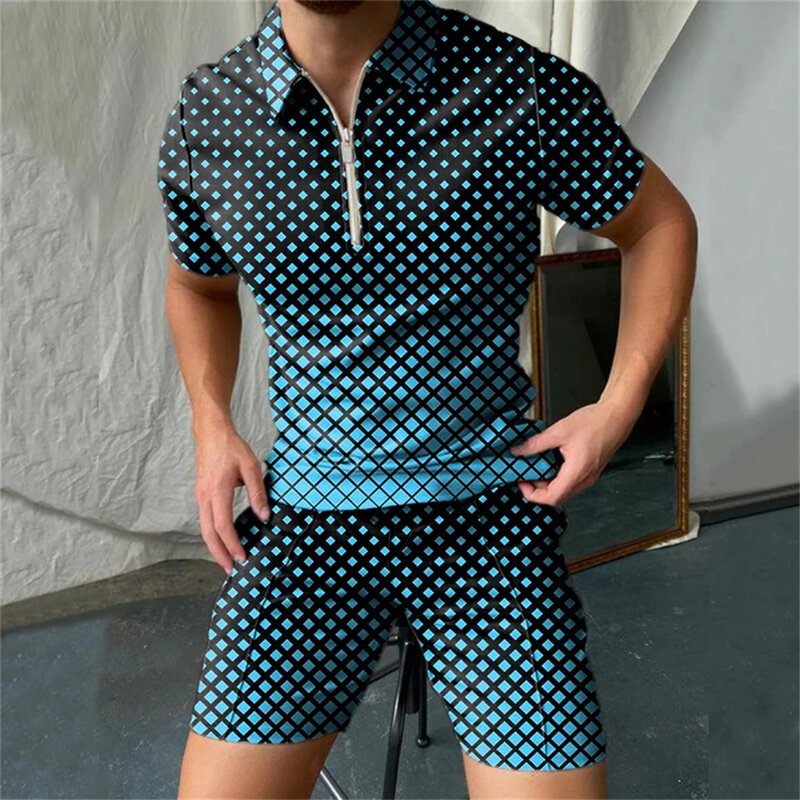 2022 Mannen Trainingspak 3D Print Korte Mouw Rits Polo Shirt & Shorts Set Voor Mannen Casual Streetwear 2-stuk Pak Zomer Oversized