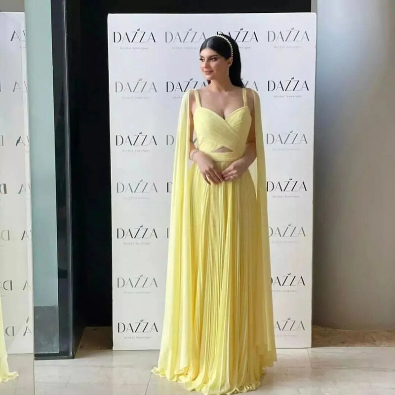 Yellow Spaghetti Strap V-neck Prom Dress Sweetheart A-line Tulle Illusion Sleeveless Cloak Floor Length فساتين فخمه 2023