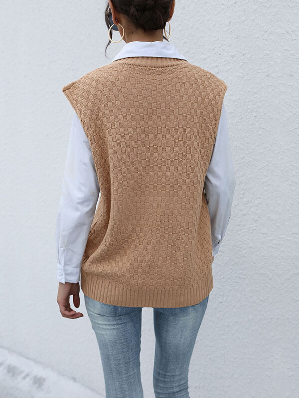 Женский Осенний вязаный свитер-жилет с V-образным вырезом