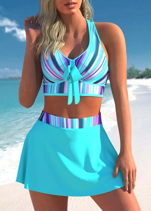 Bikini con falda estampada para mujer, traje de baño de cintura alta con lazo cruzado, ropa de playa Sexy, novedad de 2022