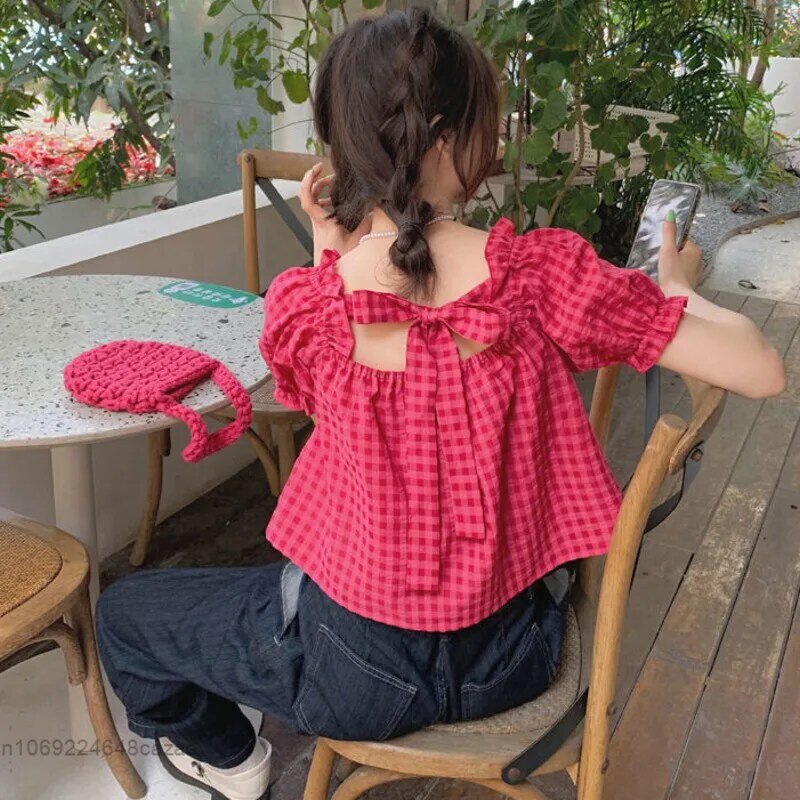 2022 verão nova rosa vermelha blusa menina chique design sentido gravata borboleta camiseta estudante kawaii querida temperamento blusa para mulher