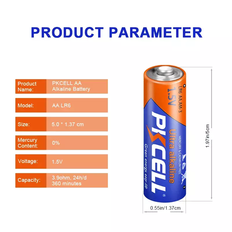 48 pz Pkcell LR6 AA batterie 2A Batteria UM3 MN1500 E91 1.5v Aa Batteria alcalina a secco primaria superiore R6P 2A Batteria