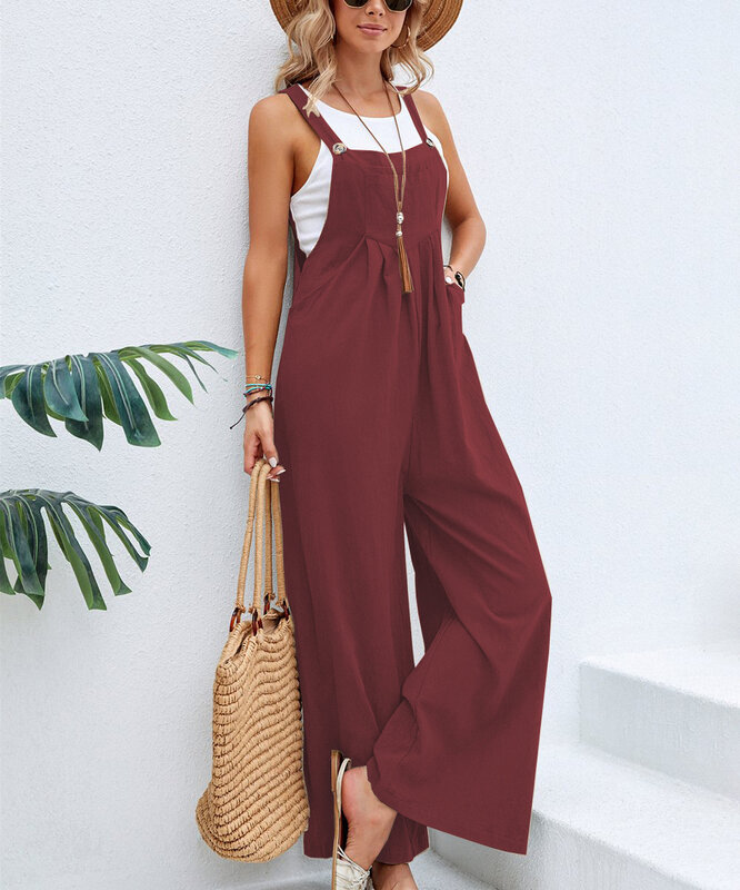 Women's Sling Jumpsuits Summer Casual Loose Fitting Straight Barrel Mid Waist Sleeveless Solid Color Strap Pants