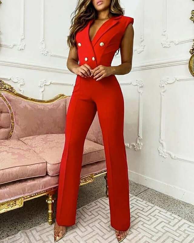2021 Elegant Women V Neck Double Breasted Sleeveless Blazer Workwear Bodycon Jumpsuit Skinny Sexy Long Pants Casual Red Clothes