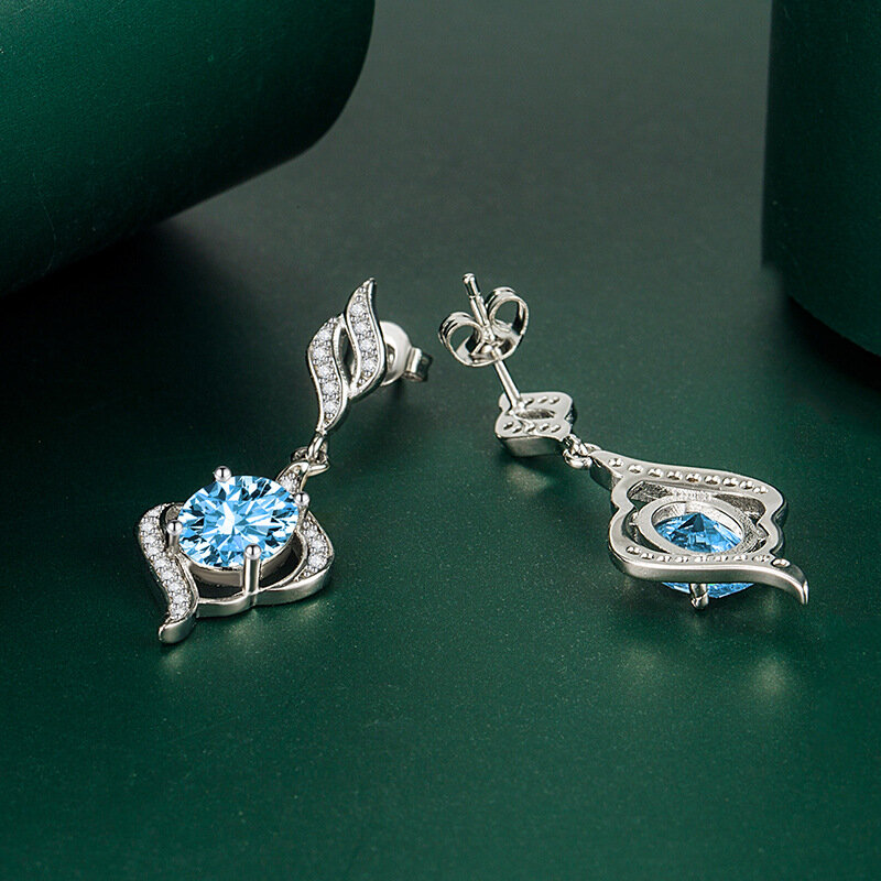 New Silver Ladies Blue Zircon Crystal Stud Earrings Hollow Out Long Tassel Ear Hook Fashion Jewelry Birthday Gift