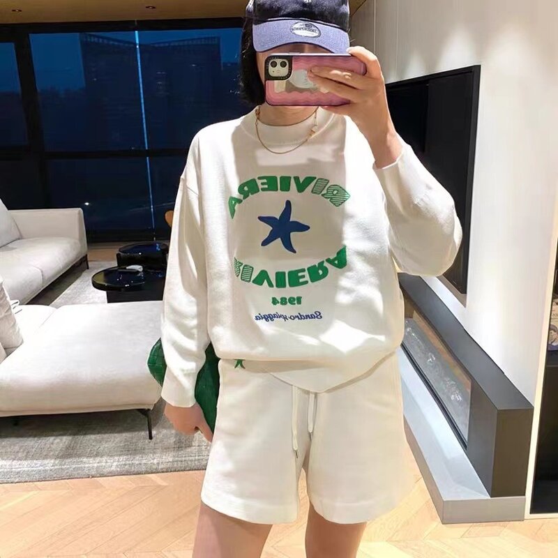 Women Letter and Pentagram Embroidery Knitted Pullover Top + Elastic Waist Drawstring Shorts Set
