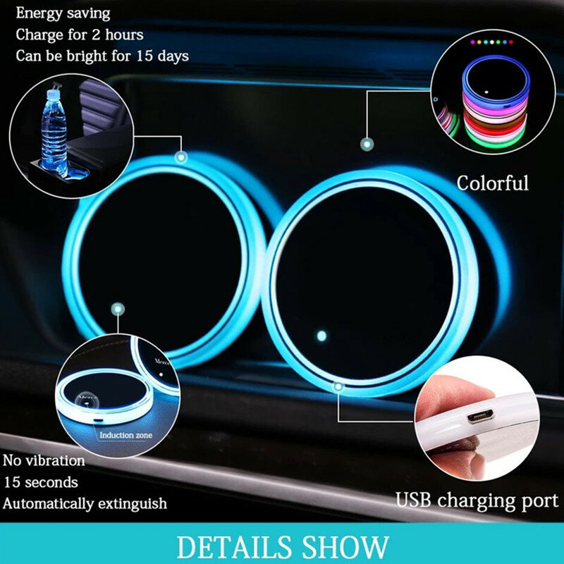 2pcs LED Car Multicolor Atmosphere Light Water Coaster For Honda Toyota Hyundai Mini Skoda Jaguar A8 Peugeot Sticker Accessories