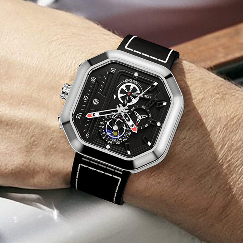 2022 lige luxo negócios homens relógios preto quartzo silicone pulseira esporte relógio quadrado à prova dwaterproof água 24 horas fase da lua reloj hombre