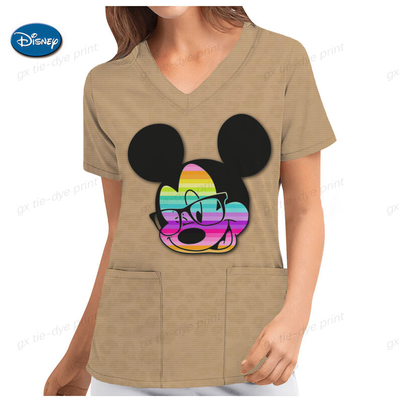 Koszulki z dekoltem w szpic koszulki z dekoltem w szpic strój pielęgniarki koszulki Disney Top kobiety 2023 szpitalna myszka Minnie odzież damska koszulki kieszonkowe