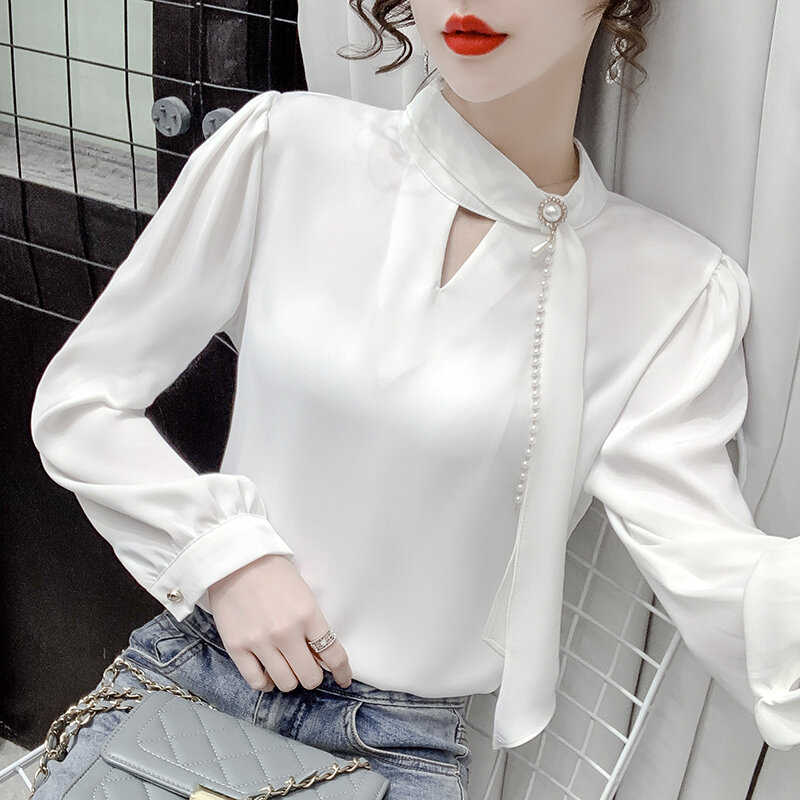 Profissional commuter camisa feminina senso de design nicho primavera novo estilo estrangeiro high-end chique blusa chiffon jaqueta 523c,326-8