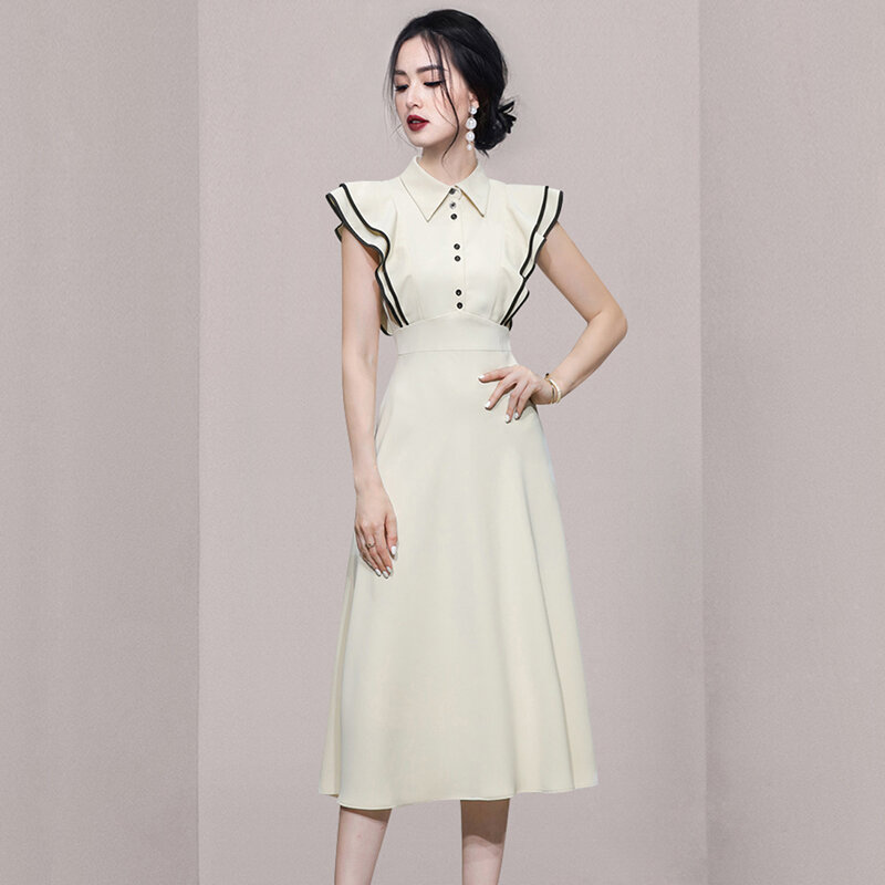 Temperament Elegant Patchwork Shirt Midi Dress 2022 Fashion Women Office Female lapel Butterfly Sleeve High Waist A-Line Dress