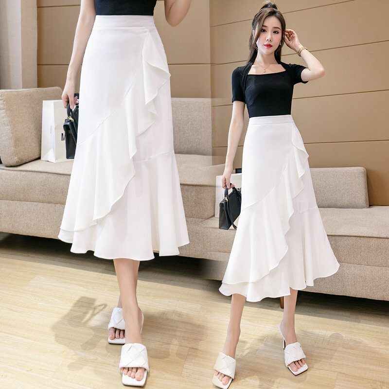 Wisher&Tong Black Mermaid Skirt Woman Fashion 2022 Chic And Elegant Long Skirts High Waist Ruffles White Midi Skirts Jupe Femme