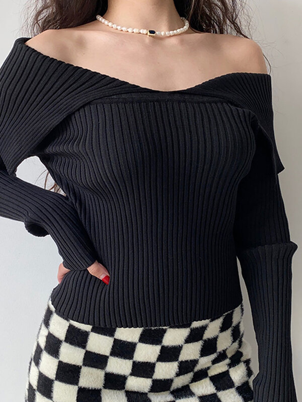 Sexy Off Shoulder Women' Sweater Jumper Autumn Long Sleeve Knitted Sweater Fashion Solid Lady Pullover Sweaters Streetwear Tops