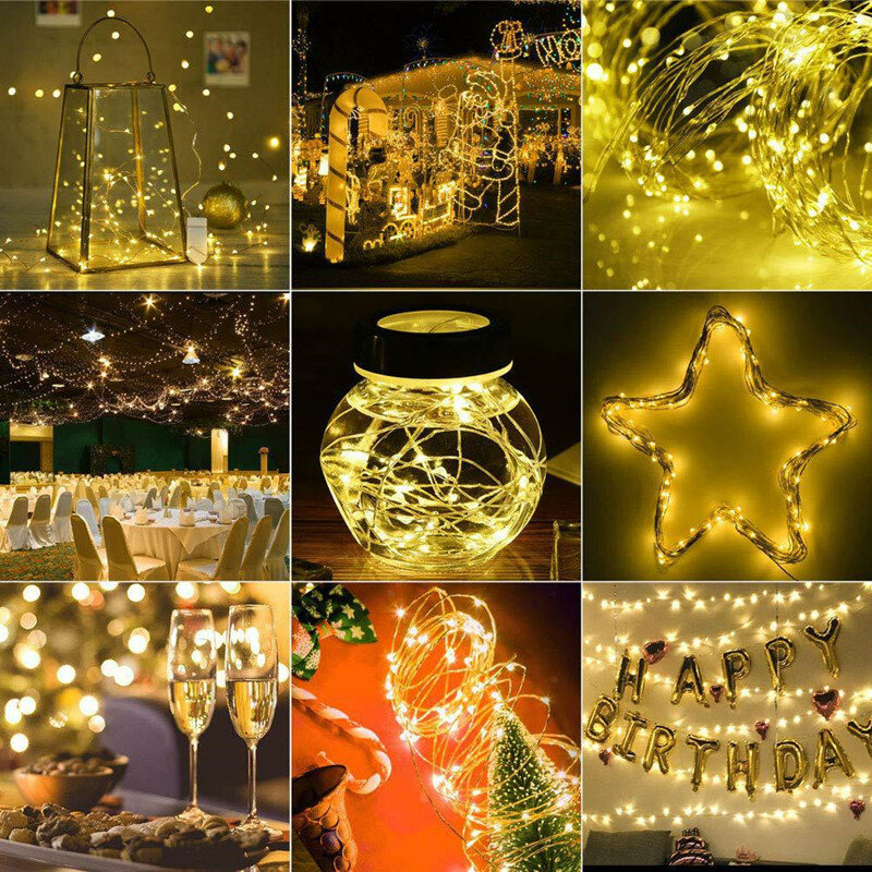 Guirnalda de luces LED para decoración del hogar, cadena de luces LED de alambre de cobre a control remoto con pilas para Navidad, boda, fiesta
