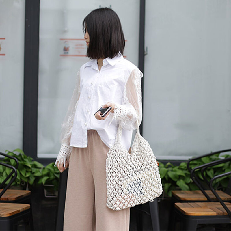 비치 짚 숄더 가방 여성 패션 짠 여름 휴가 구매자 가방 재사용 가능한 코튼 할로우 Fishnet 피크닉 토트 핸드백