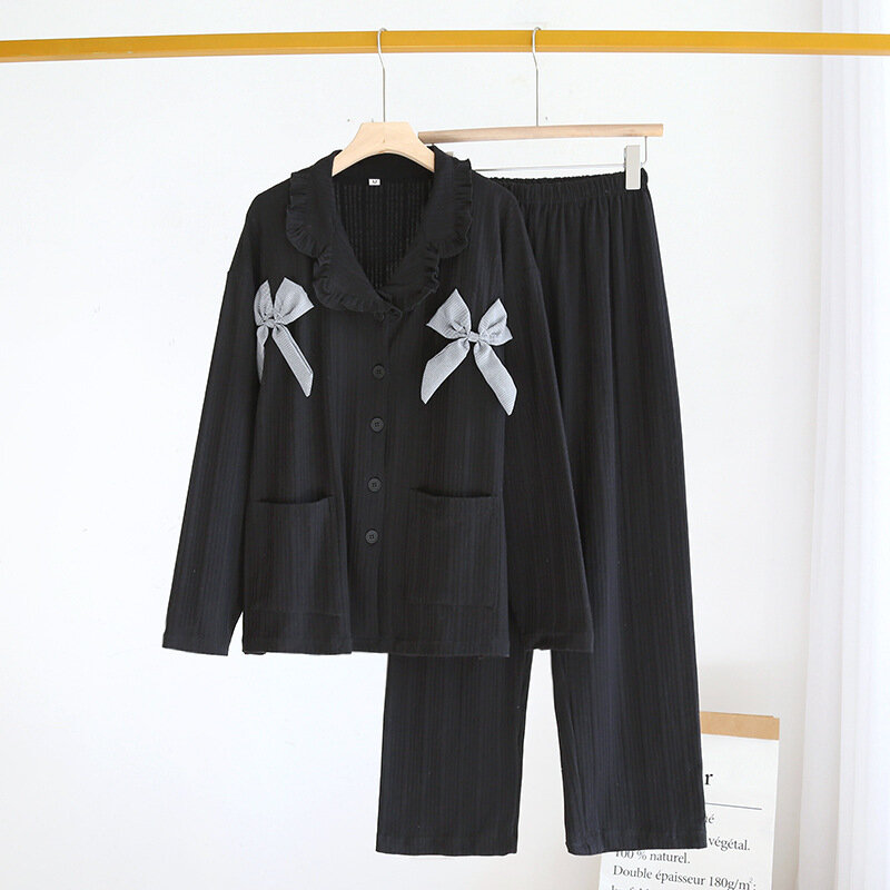 Piyama Wanita Celana Panjang Lengan Panjang Dua Potong Set 100% Katun Rajutan Bergaris Busur Lucu Pakaian Rumah Setelan Kasual Layanan Rumah