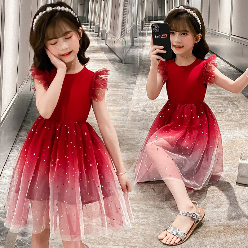 New Summer Dresses For Girls Dot Mesh Lace Dress For Girl Children Dress Casual Teenage Girl Costume Clothes 4 6 8 10 12 14 Year