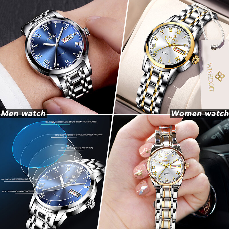 WISHDOIT-Reloj de pulsera de cuarzo para hombre y mujer, cronógrafo de acero inoxidable, informal, resistente al agua