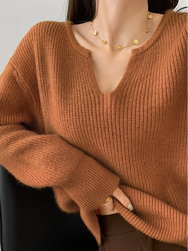 Pull Simple à manches longues et col en v pour femme, haut ample en tricot, couleur unie, Y2k, mode coréenne, automne hiver
