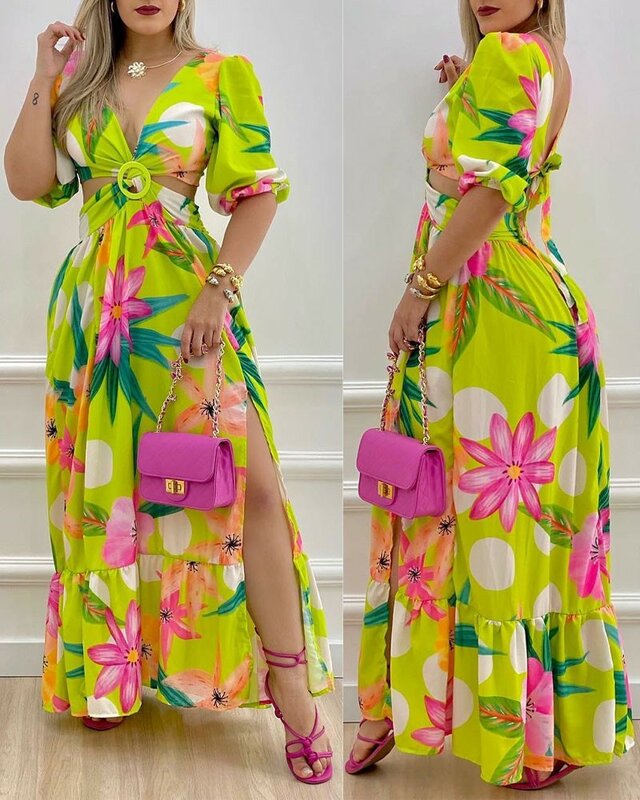 2022ชุดแอฟริกันสำหรับผู้หญิงฤดูร้อนโบฮีเมีย Beach Party Maxi ชุดสุภาพสตรีเซ็กซี่ V คอสวมใส่ดอกไม้พิมพ์...
